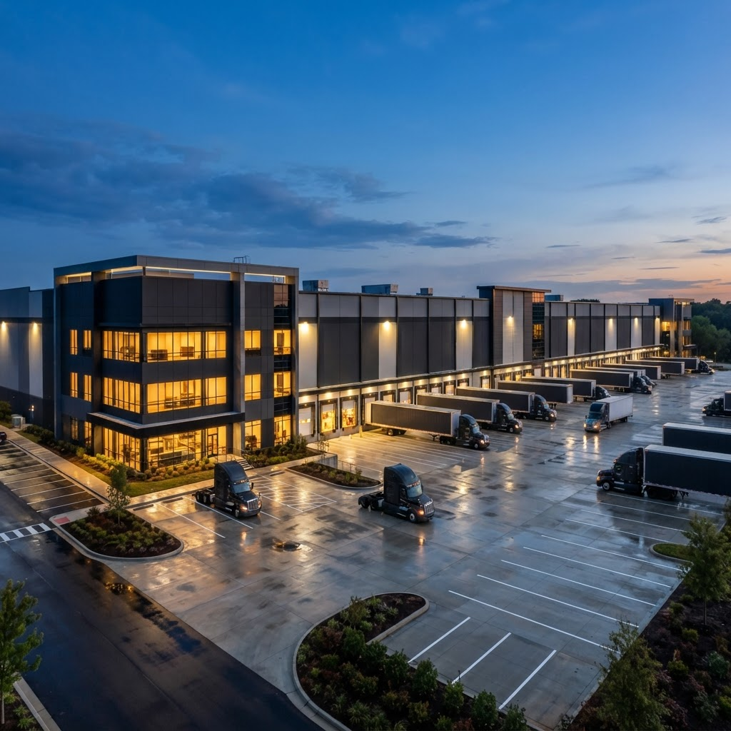 District Supply Trading distribution facility at dusk
